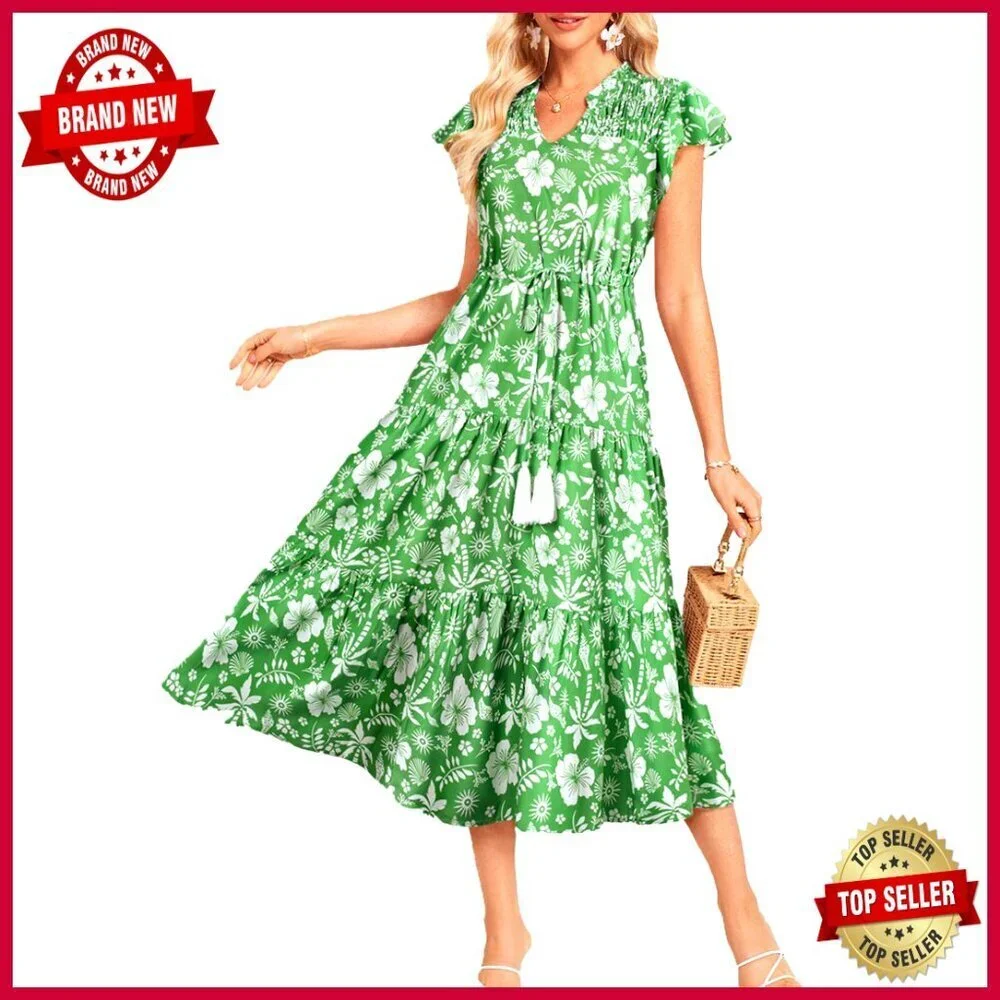 Floral Midi Dress Drawstring Waist Flowy Summer Boho Wedding Guest with Pockets